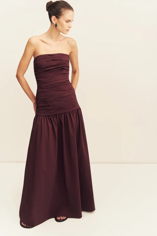 STRAPLESS RUCHED MAXI DRESS-WINE TASTING