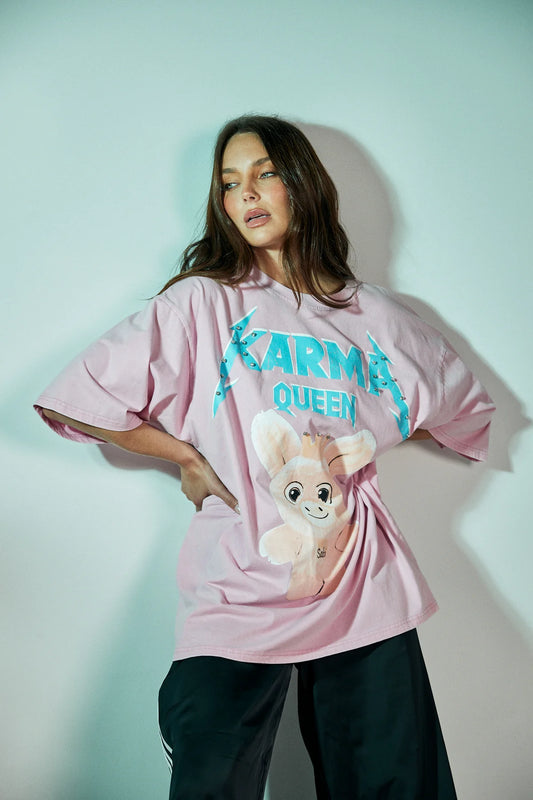 KARMA QUEEN TEE - PINK ACID WASH
