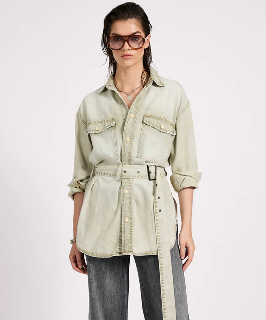 27185 BELTED LONGLINE DENIM SHIRT-ANTI KHAKI