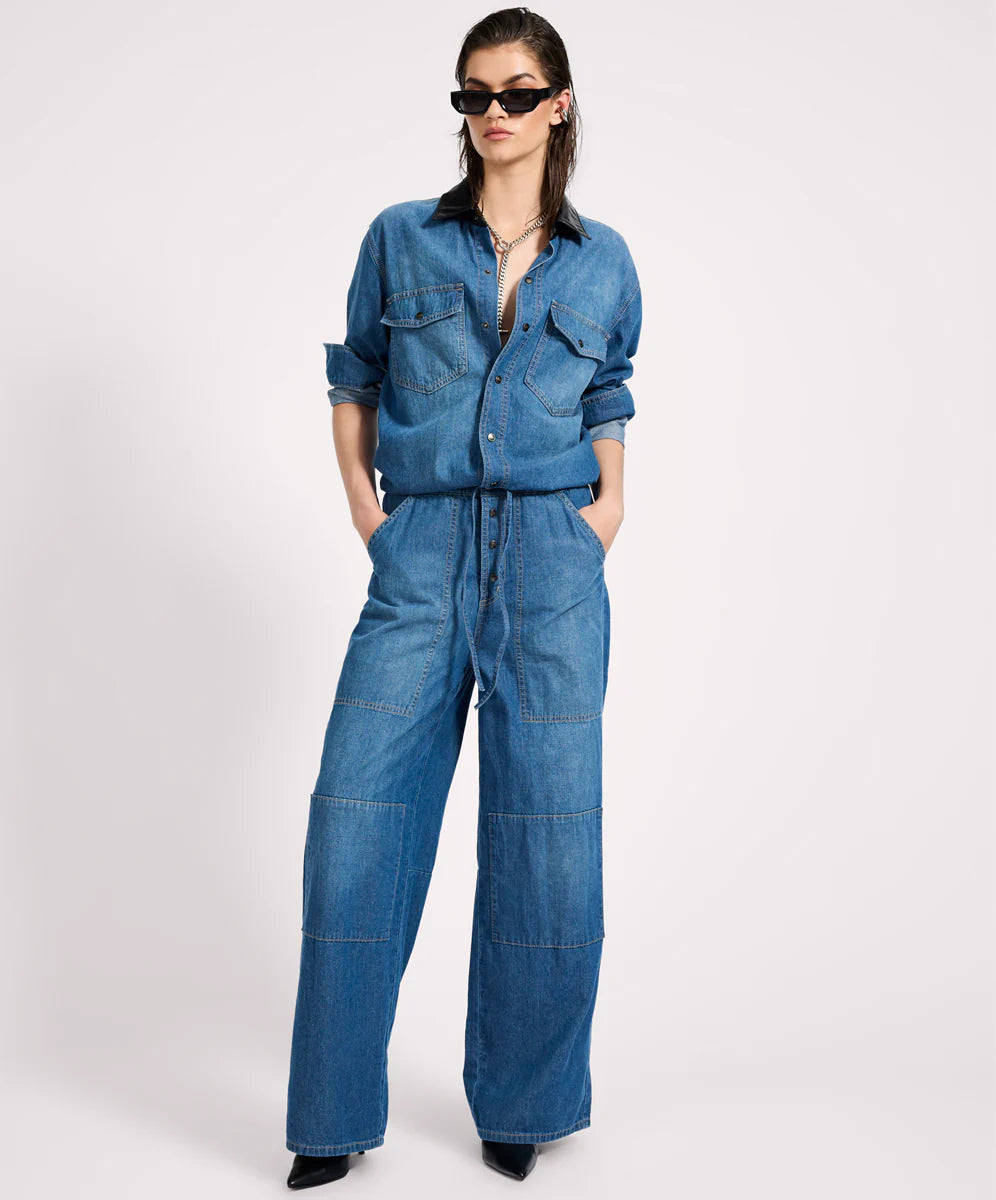 IZZY DRAWSTRING BOILER DENIM JUMPSUIT