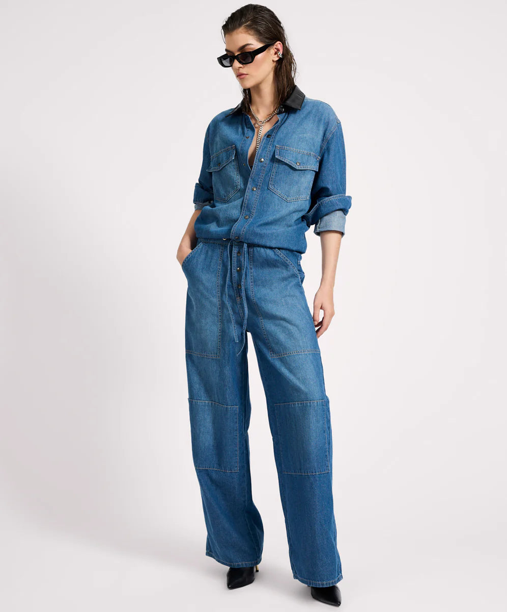 IZZY DRAWSTRING BOILER DENIM JUMPSUIT