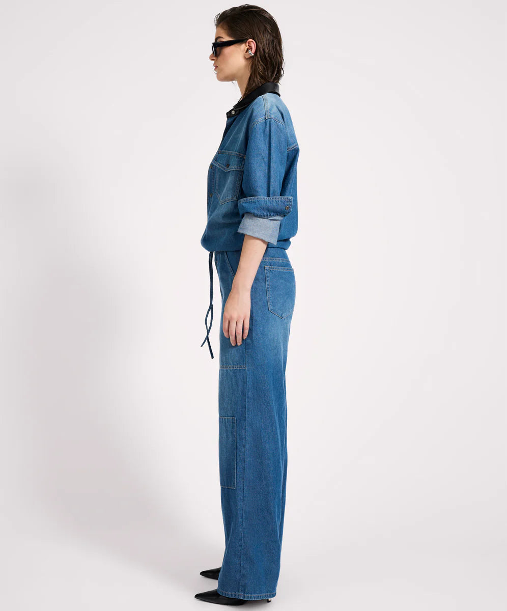 IZZY DRAWSTRING BOILER DENIM JUMPSUIT