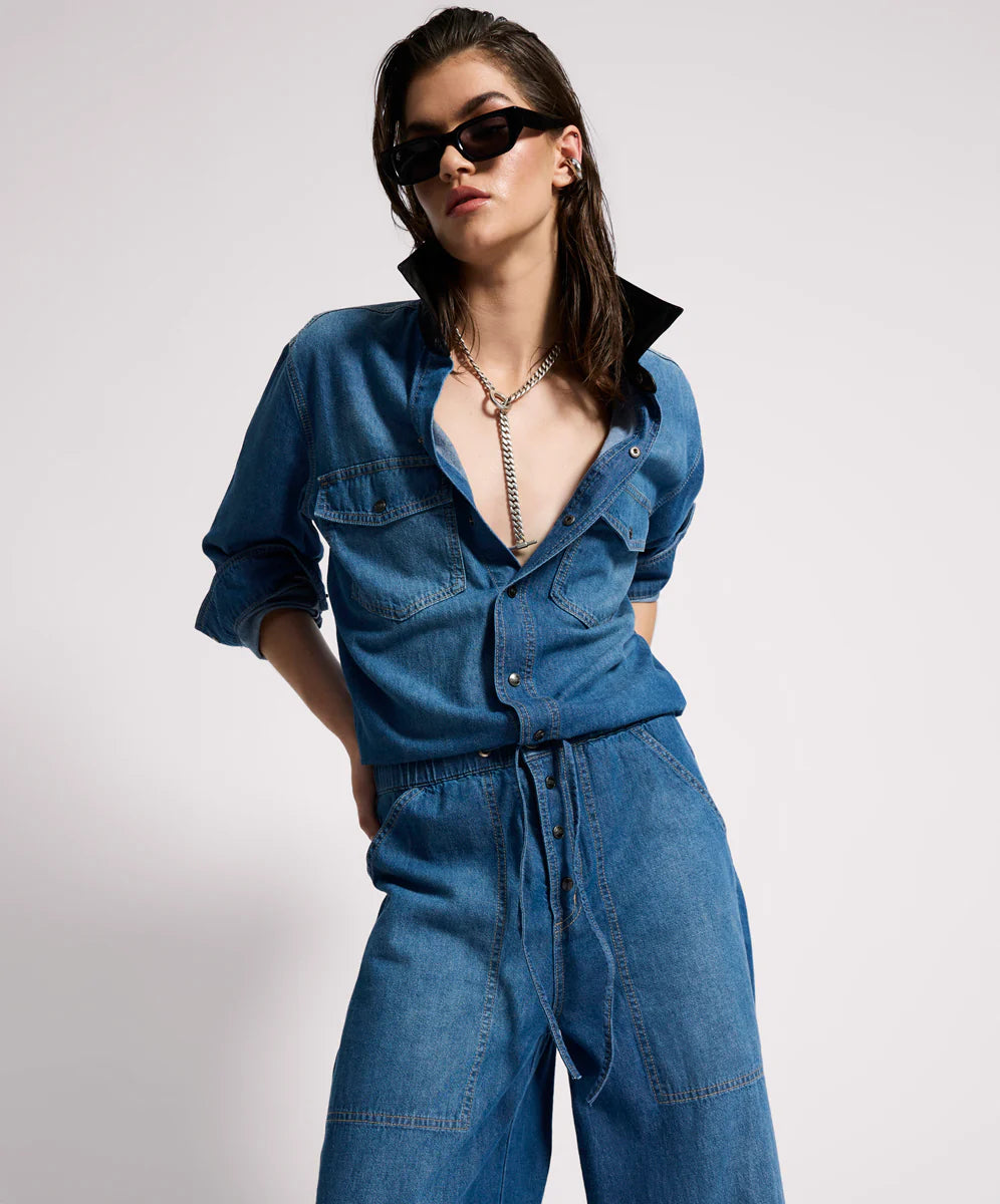 IZZY DRAWSTRING BOILER DENIM JUMPSUIT