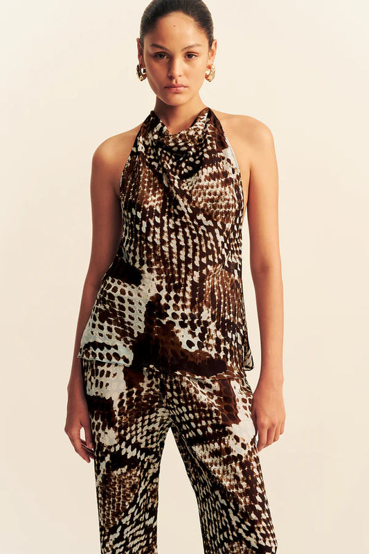 OPEN BACK COWL TOP- RISTRETTO/ARCADIAN BLUE