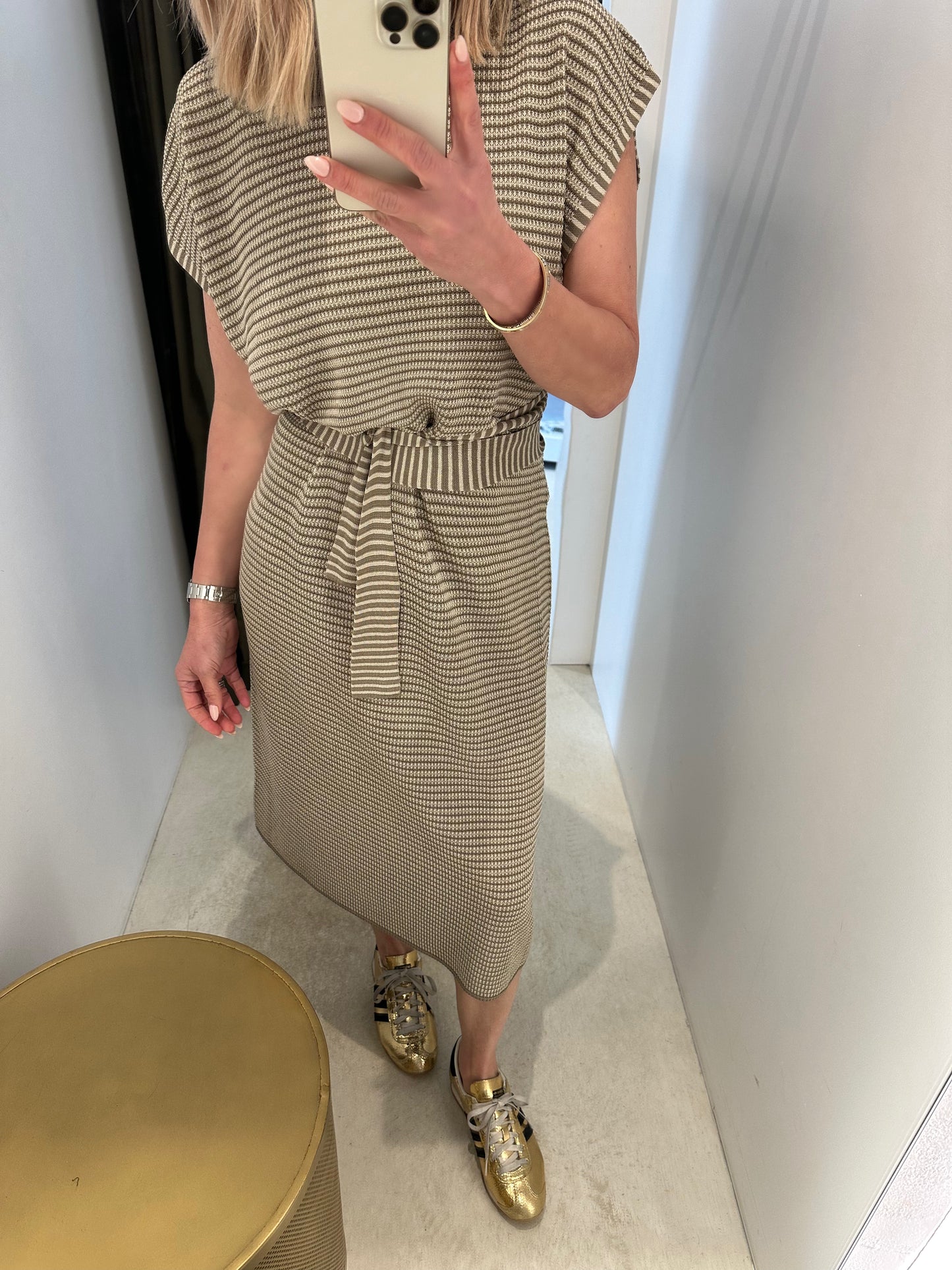 9SKF203 LATTICE KNITTED DRESS-KHAKIXGOLD