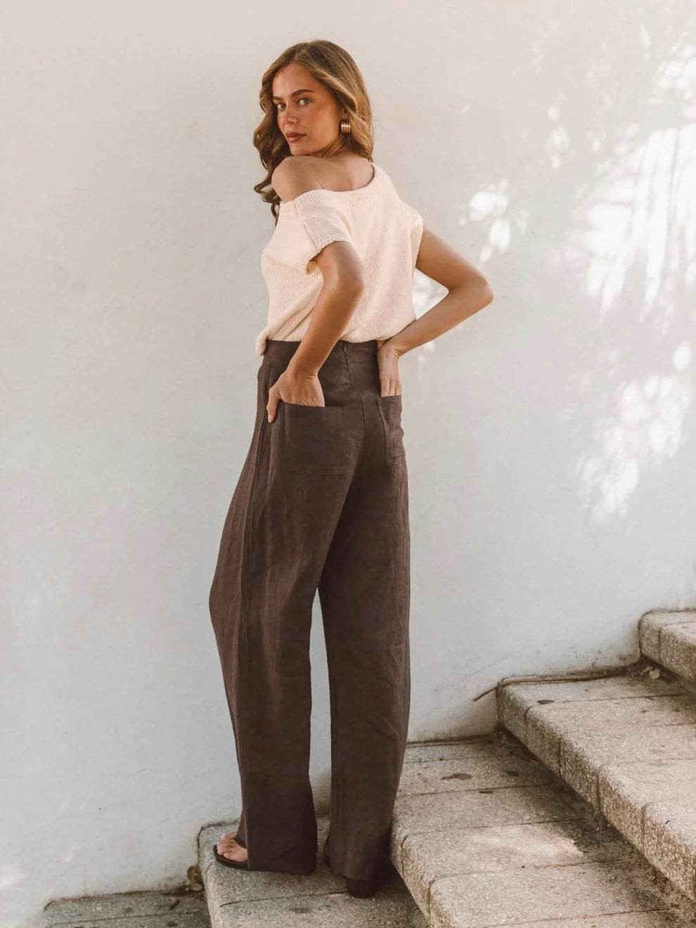 TFL10445 BROWN WIDE LEG LINEN PANTS
