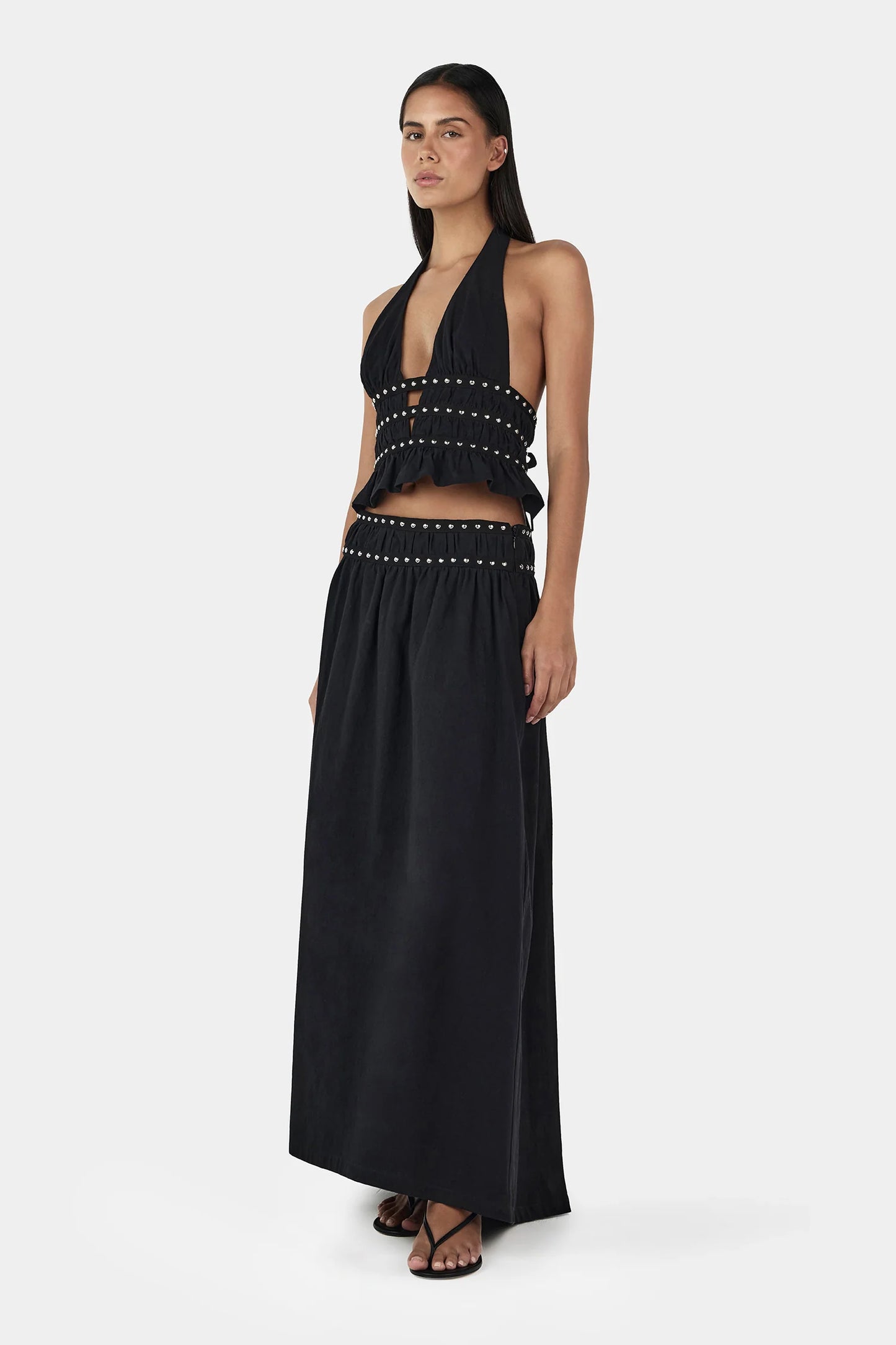 TABBY STUDDED MIDI SKIRT-BLACK