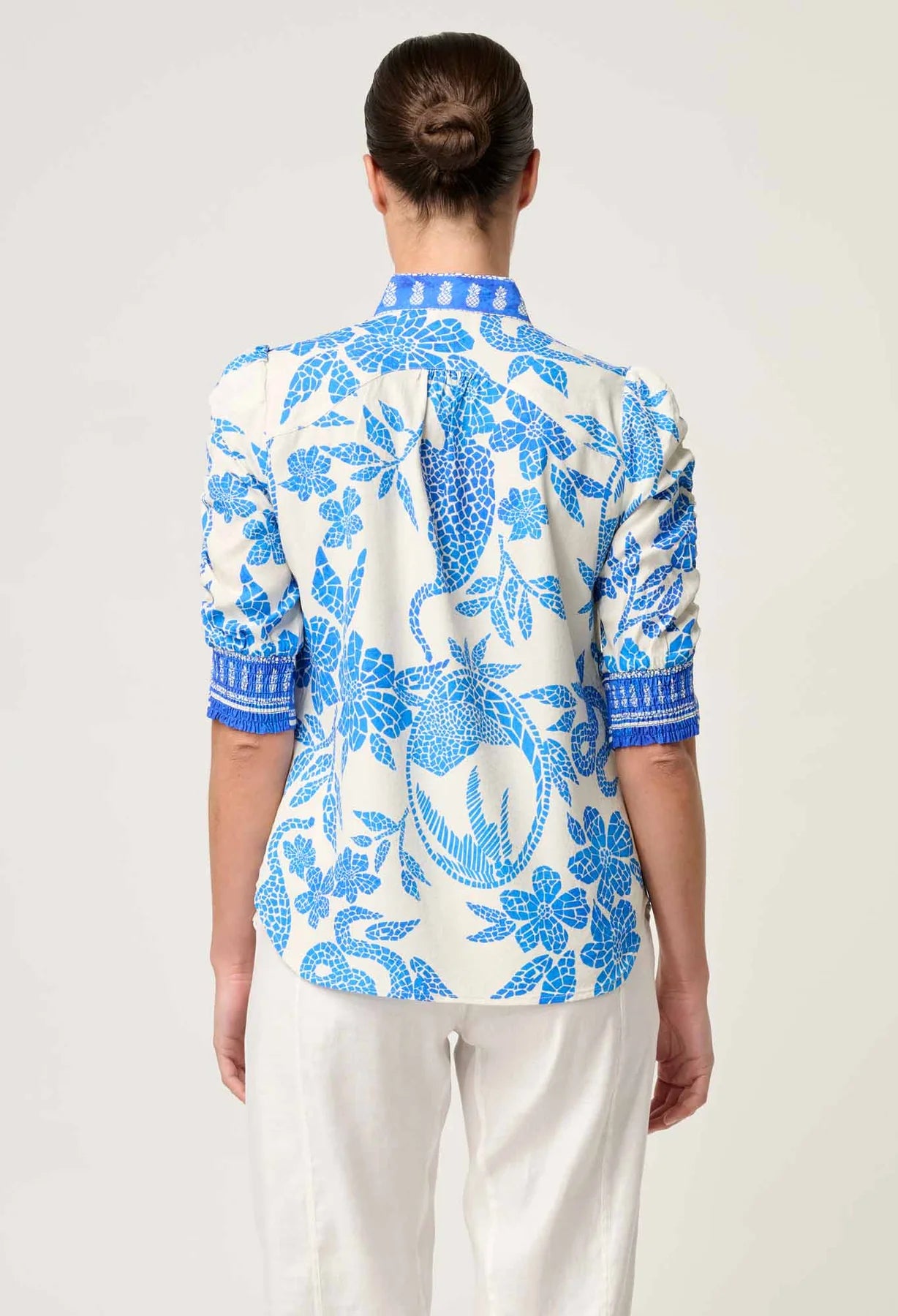 CALANTHA ROUCHED SLEEVE SHIRT - AZURE MOSAIC