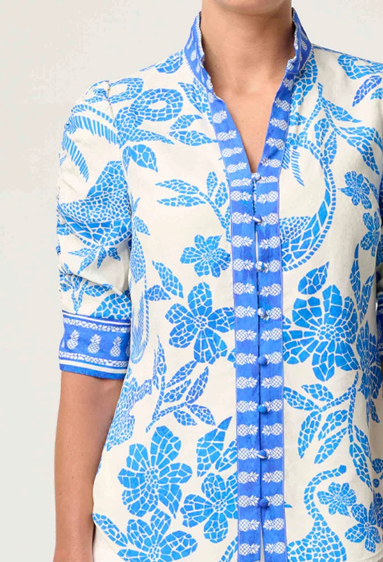 CALANTHA ROUCHED SLEEVE SHIRT - AZURE MOSAIC