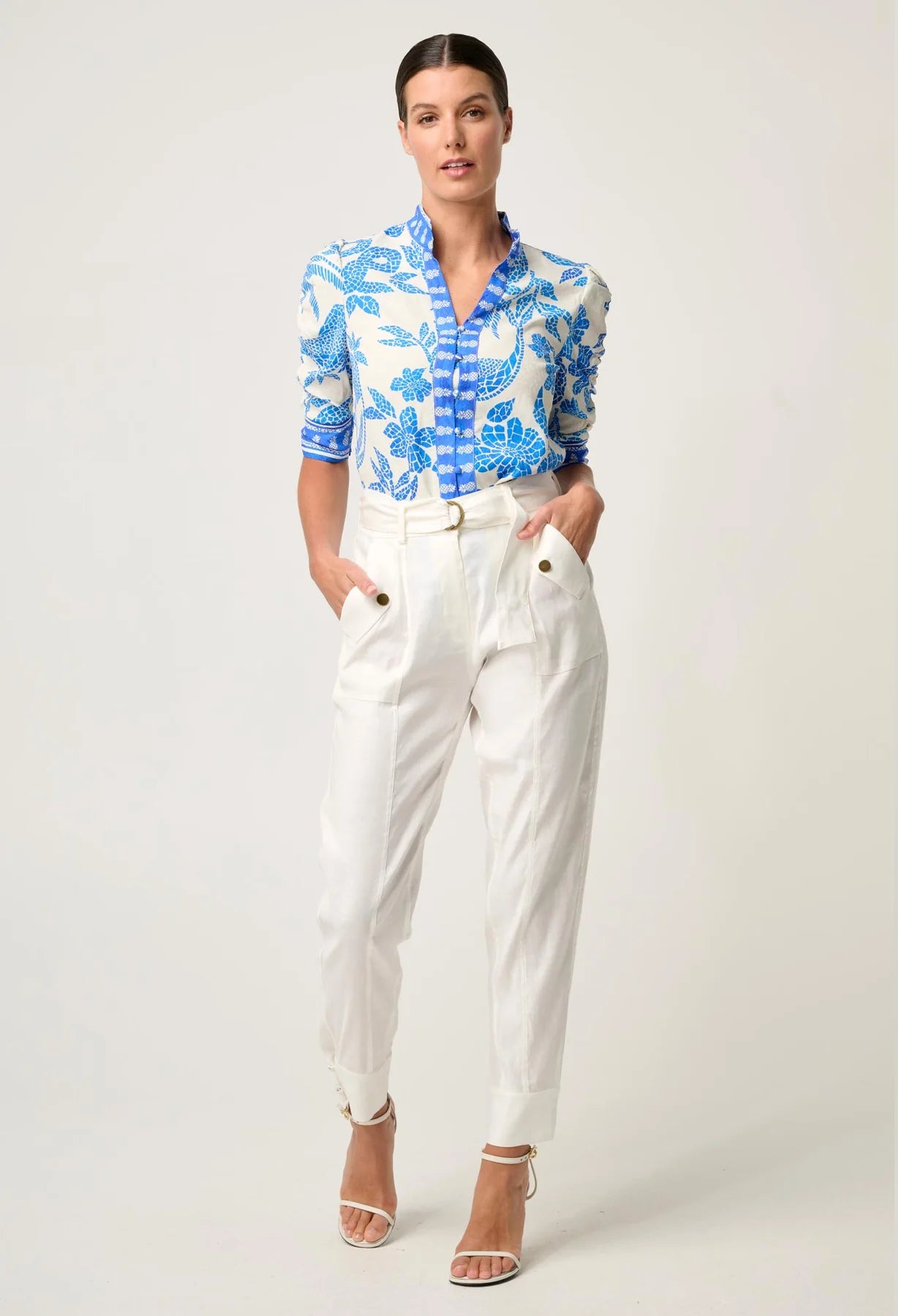 CALANTHA ROUCHED SLEEVE SHIRT - AZURE MOSAIC