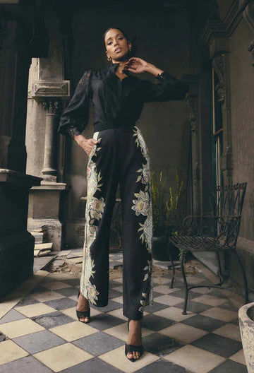MERIDA PLACEMENT CONTRAST TRIM PLEATED WAIST LINEN VISCOSE PANT