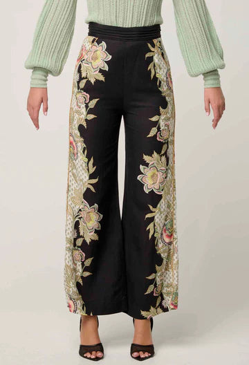 MERIDA PLACEMENT CONTRAST TRIM PLEATED WAIST LINEN VISCOSE PANT