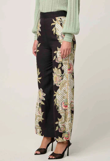 MERIDA PLACEMENT CONTRAST TRIM PLEATED WAIST LINEN VISCOSE PANT