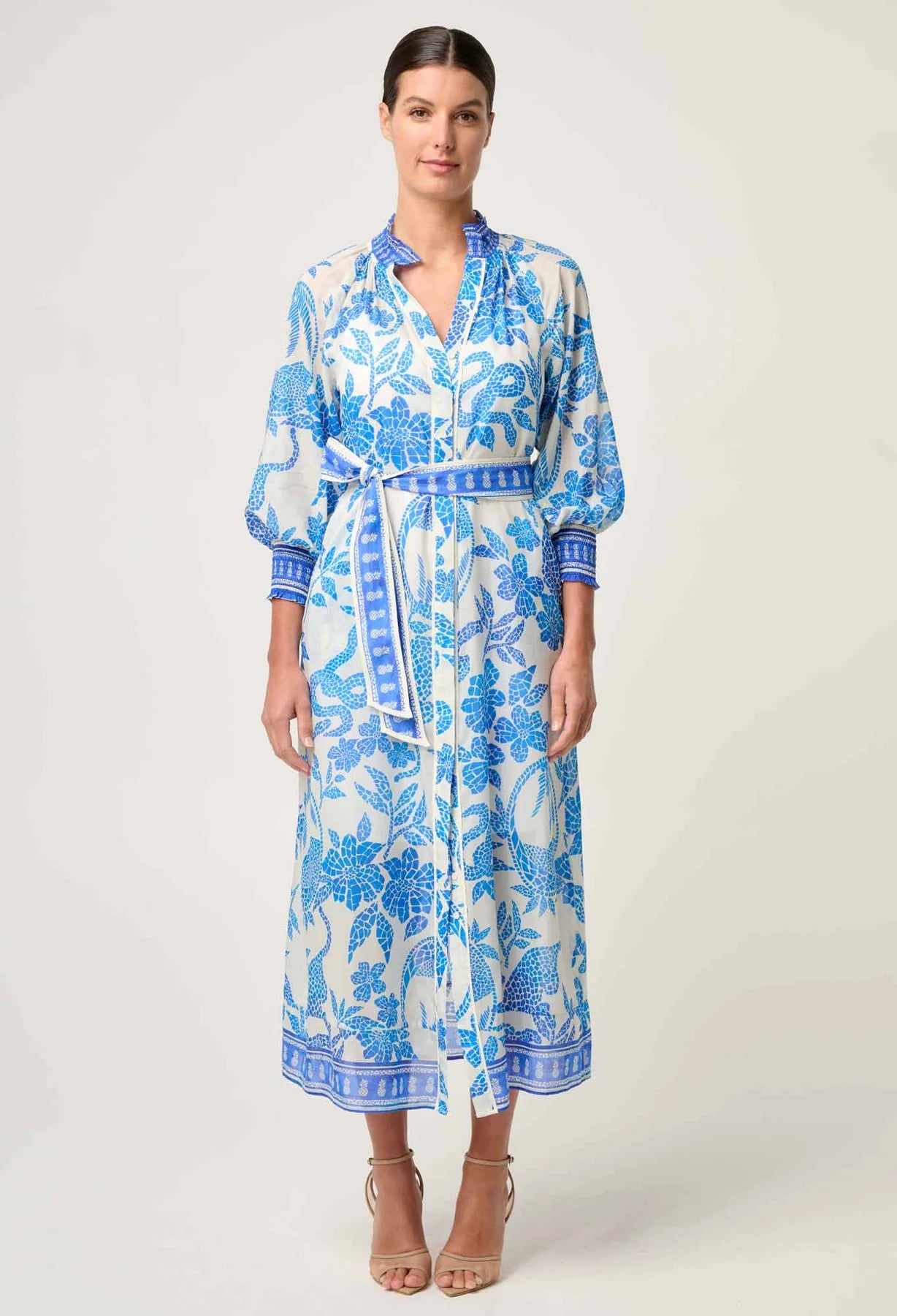 CARMEN SILK/COTTON MAXI DRESS - AZURE MOSAIC