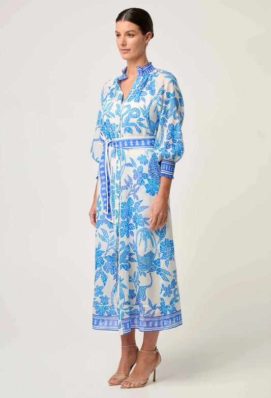 CARMEN SILK/COTTON MAXI DRESS - AZURE MOSAIC