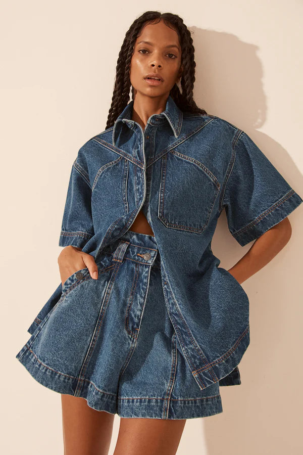RAQUEL HIGH WAISTED FLARED SHORT - VINTAGE BLUE