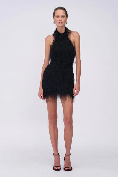 MILA FRINGE HALTER NECK MINI - BLACK