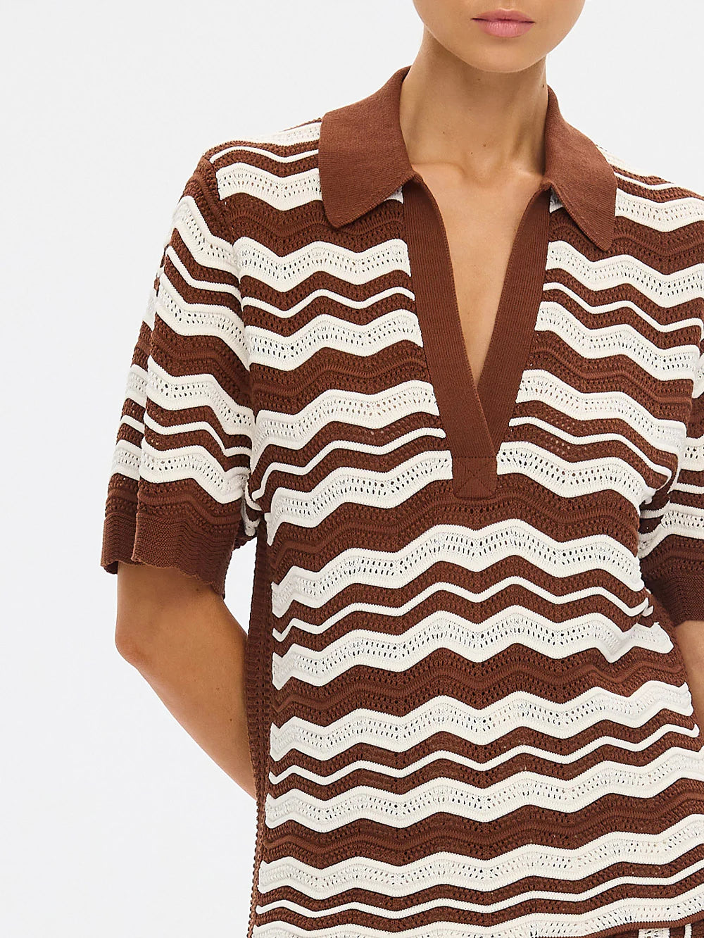 SARAH KNIT POLO TOP-CHOC/IVORY STRIPE