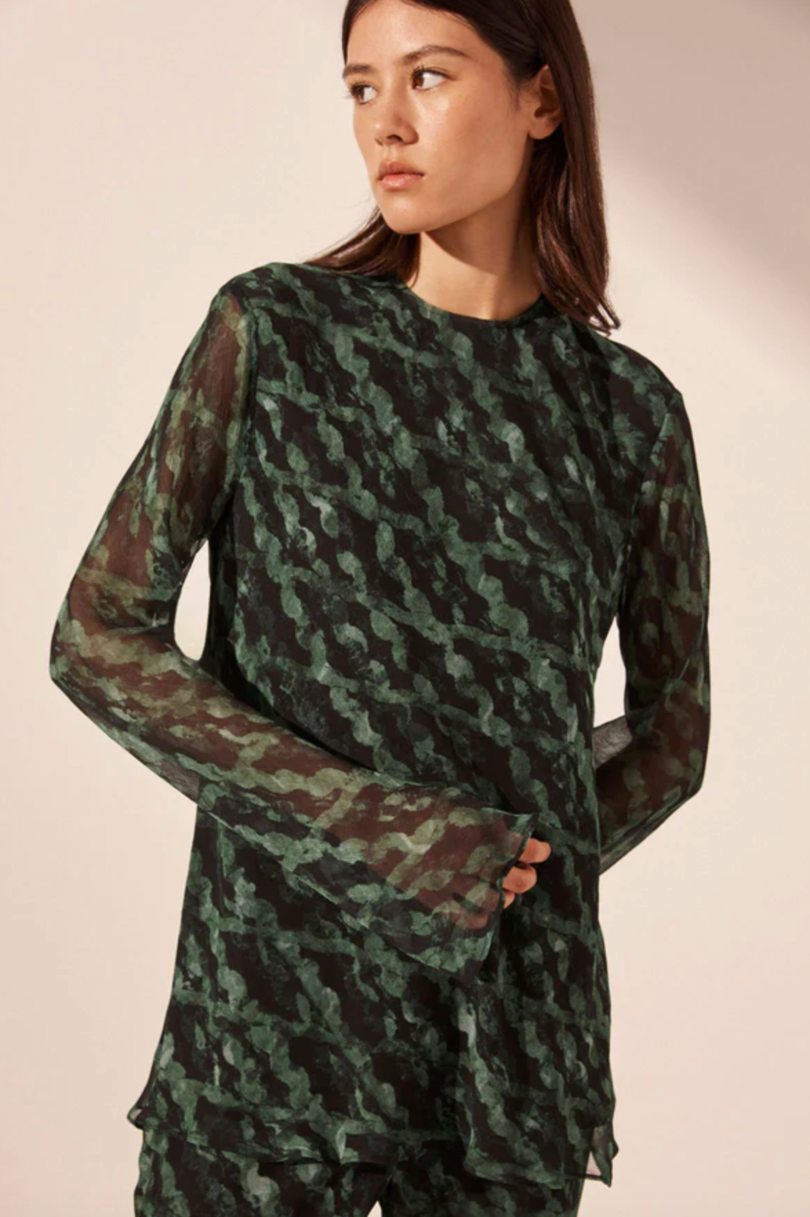 REMI FLARED SLEEVE BIAS CUT TOP - ROSEMARY / BLACK