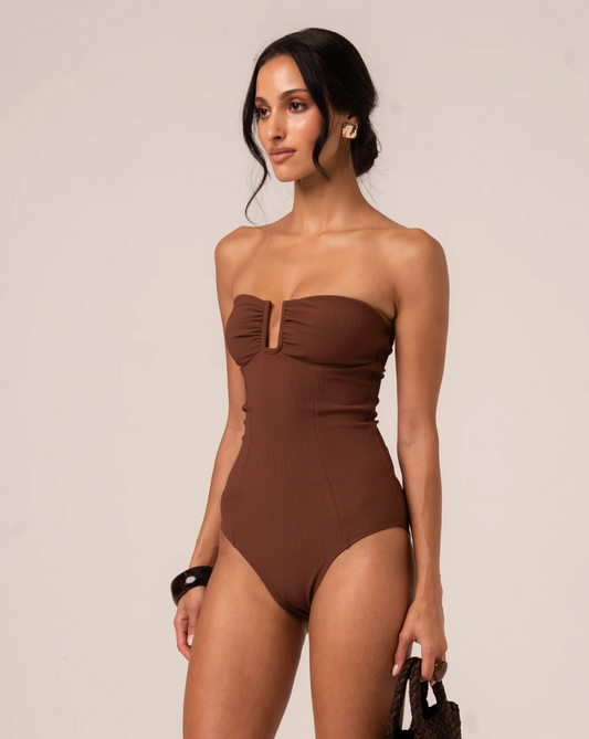 SCULPTED BANDEAU ONE PIECE - CHOC RIB