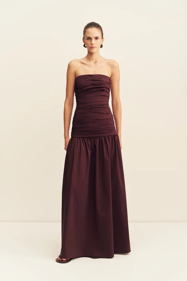 STRAPLESS RUCHED MAXI DRESS-WINE TASTING