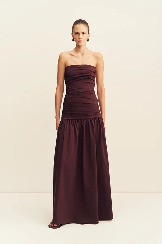 STRAPLESS RUCHED MAXI DRESS-WINE TASTING