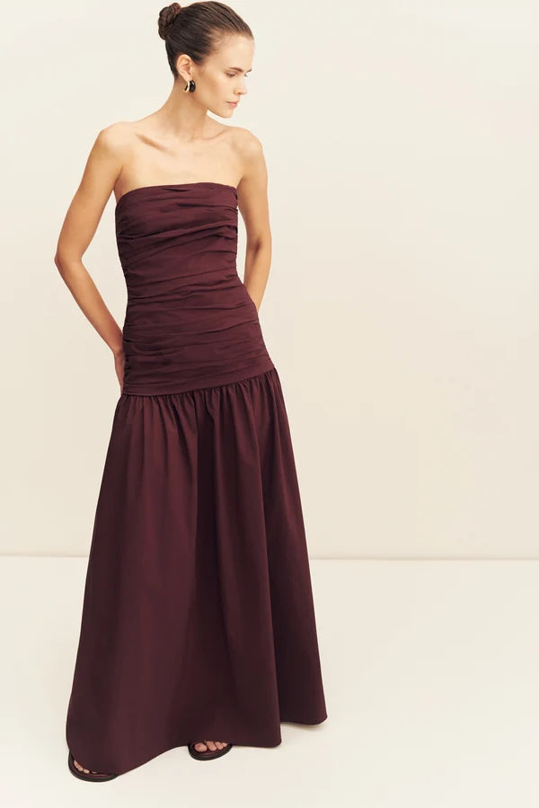 STRAPLESS RUCHED MAXI DRESS-WINE TASTING