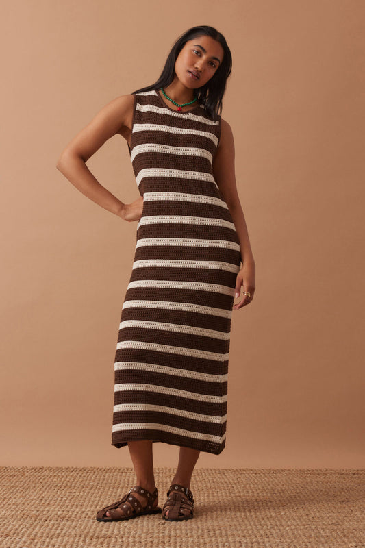 MARGOT MESH KNIT TANK MIDI DRESS - CHOC STRIPE