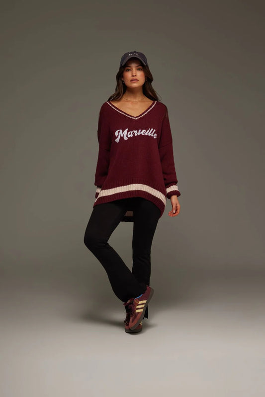 MARSEILLE KNIT V NECK SWEATER - RED WINE
