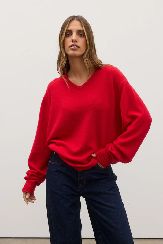 BILLIE V NECK SWEATER - CHERRY RED