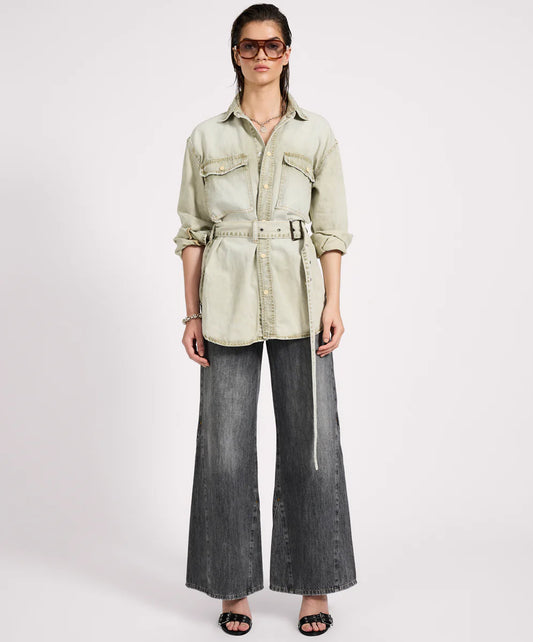 27185 BELTED LONGLINE DENIM SHIRT-ANTI KHAKI