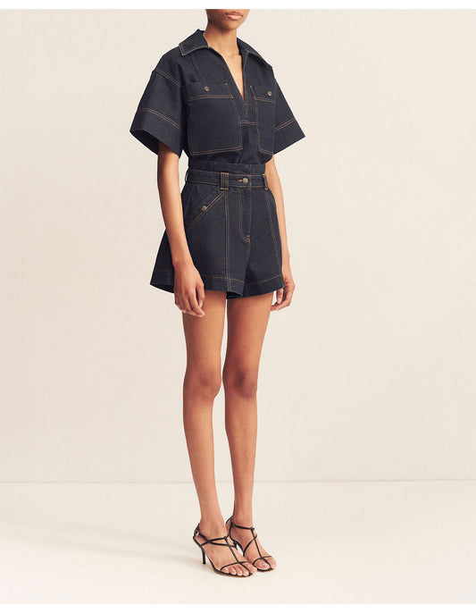 HIGH WAISTED FLARED SHORT - DEEP INDIGO