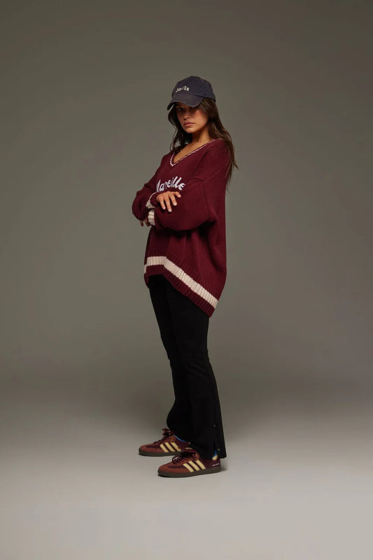 MARSEILLE KNIT V NECK SWEATER - RED WINE