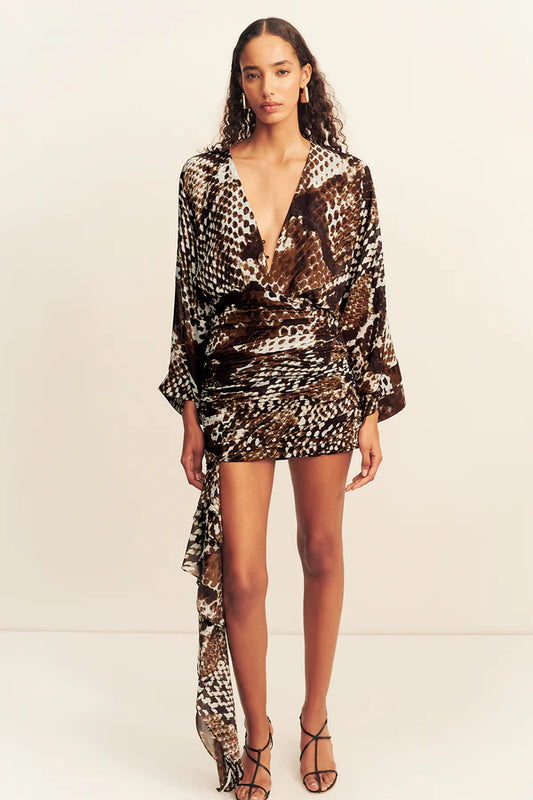 LONG SLEEVE PLUNGE MINI DRESS- (MAIA) RISTRETTO/ARCADIAN BLUE