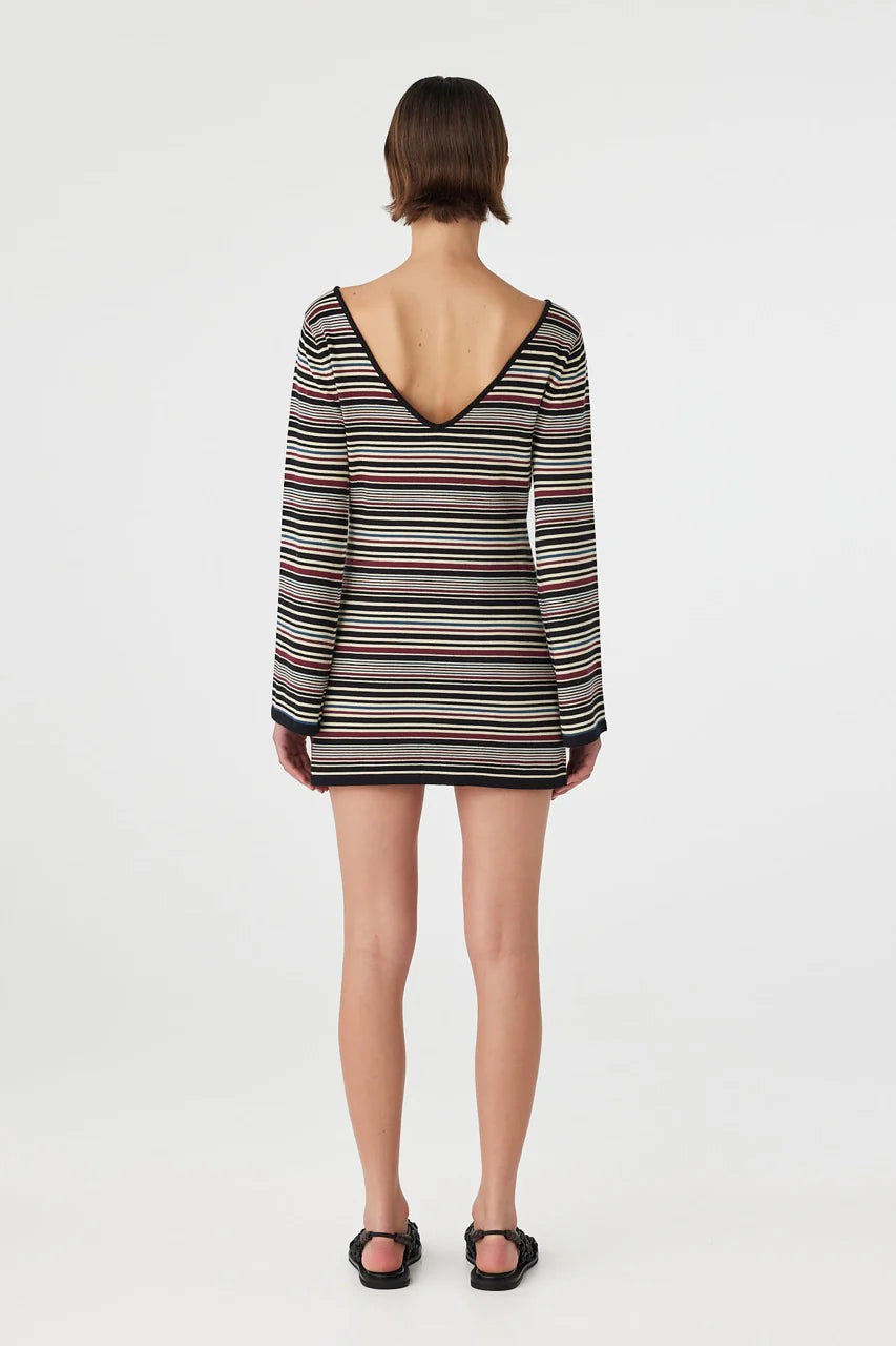 ALYA LONG SLEEVE MINI DRESS-MERLOT MULTI STRIPE