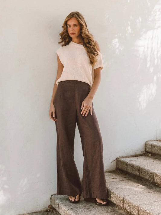 TFL10445 BROWN WIDE LEG LINEN PANTS