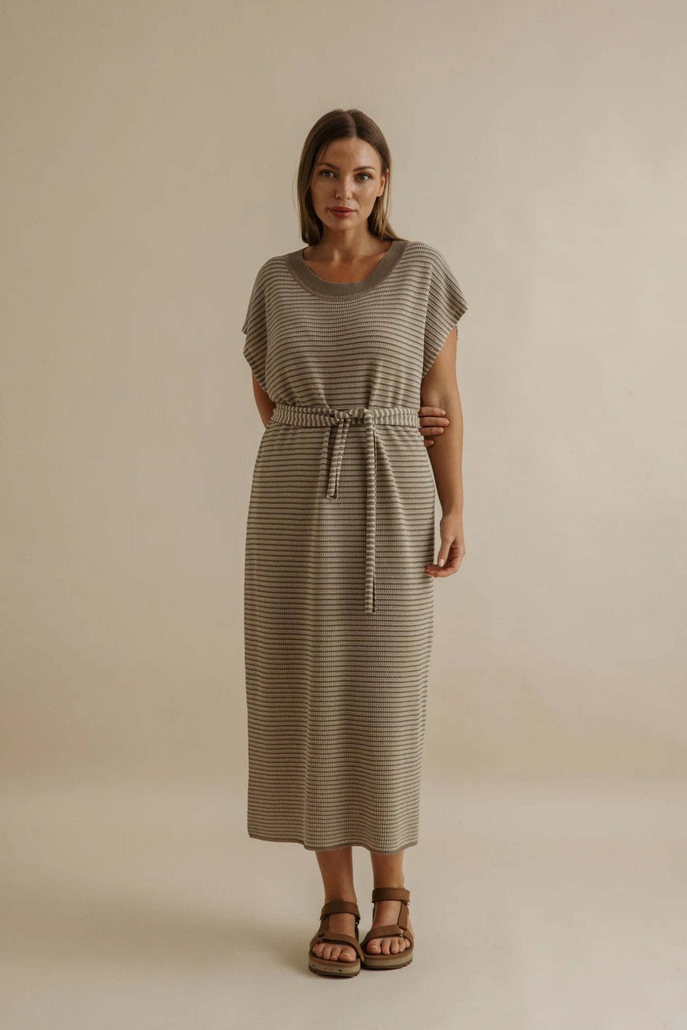 9SKF203 LATTICE KNITTED DRESS-KHAKIXGOLD