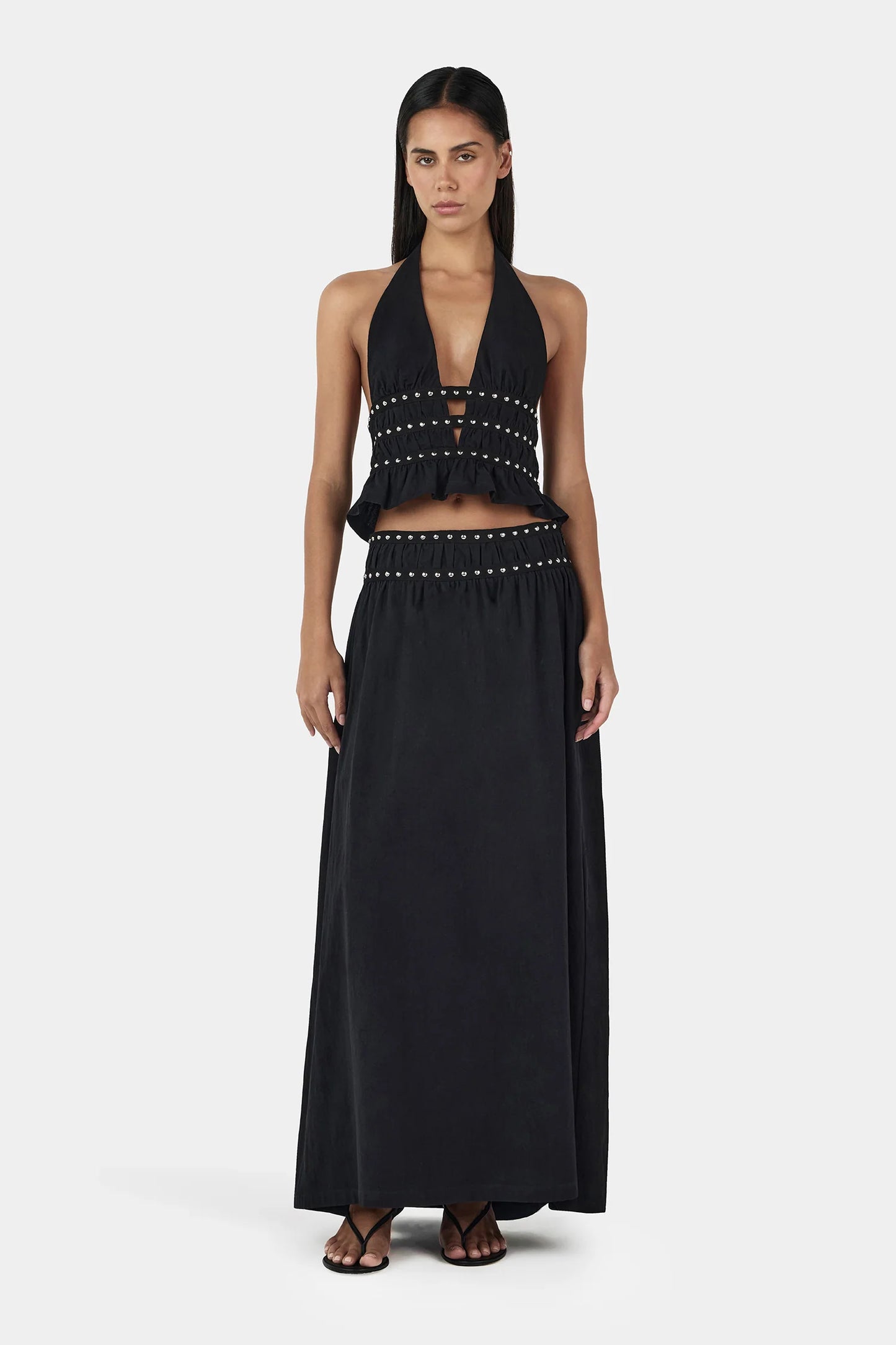 TABBY STUDDED MIDI SKIRT-BLACK