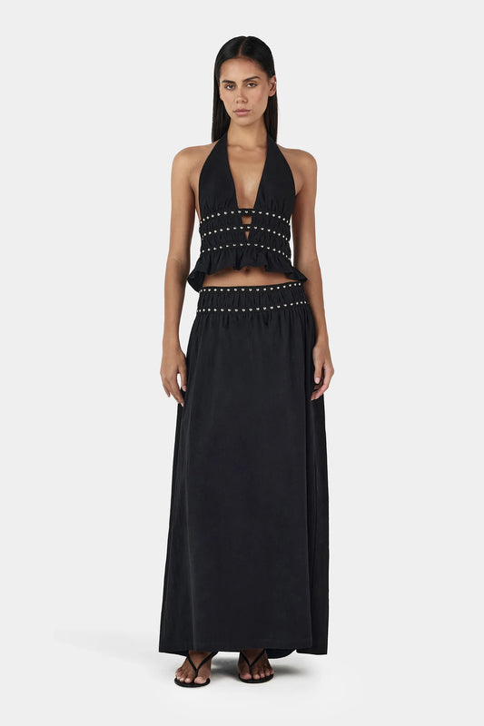 TABBY STUDDED MIDI SKIRT-BLACK