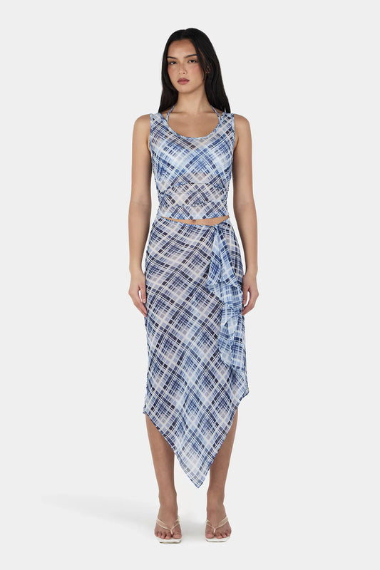 LONDON WRAP SKIRT - SKY PLAID