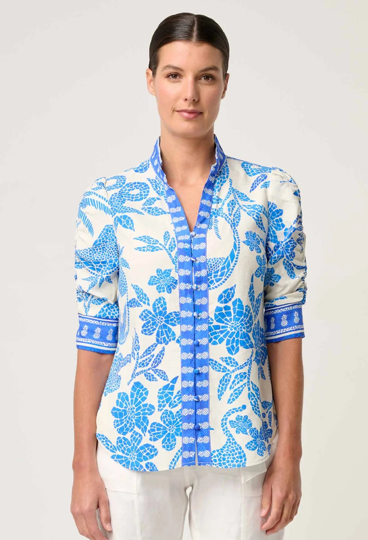 CALANTHA ROUCHED SLEEVE SHIRT - AZURE MOSAIC