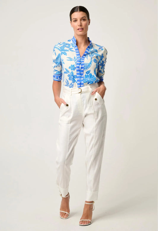 CALANTHA ROUCHED SLEEVE SHIRT - AZURE MOSAIC