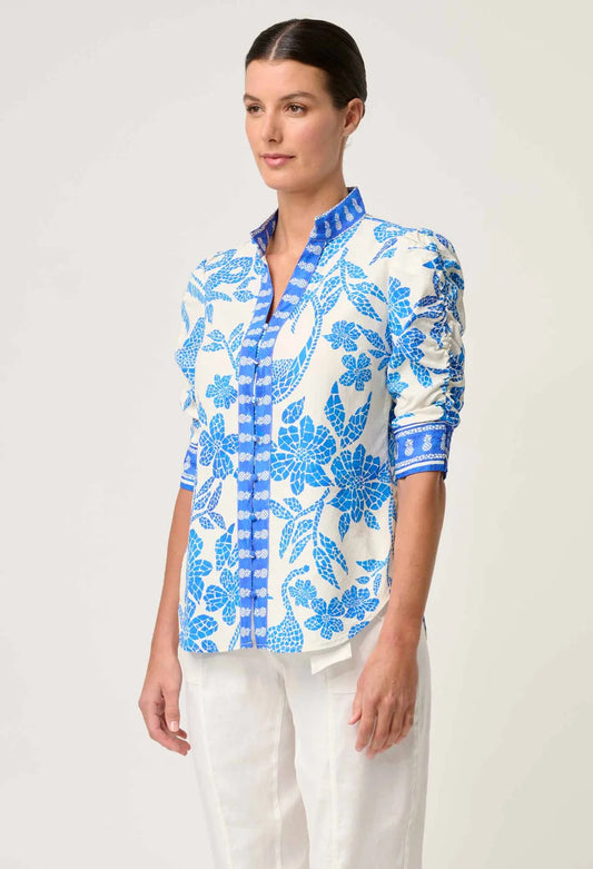 CALANTHA ROUCHED SLEEVE SHIRT - AZURE MOSAIC