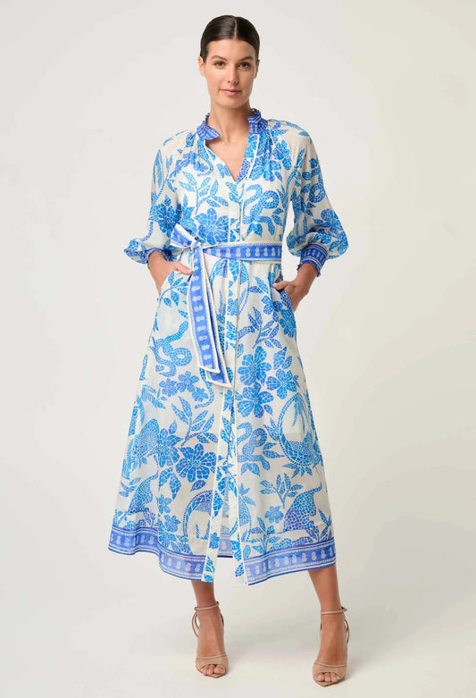 CARMEN SILK/COTTON MAXI DRESS - AZURE MOSAIC