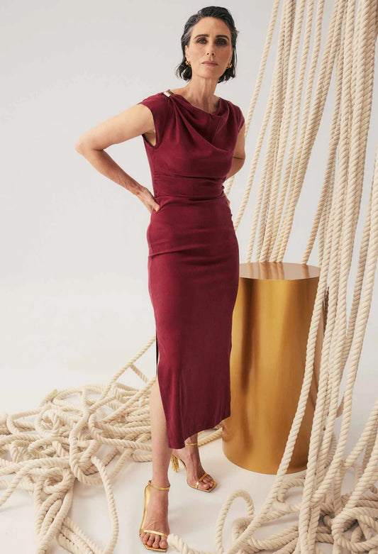 MONIQUE DRAPED NECK COLUMN DRESS - RUBY