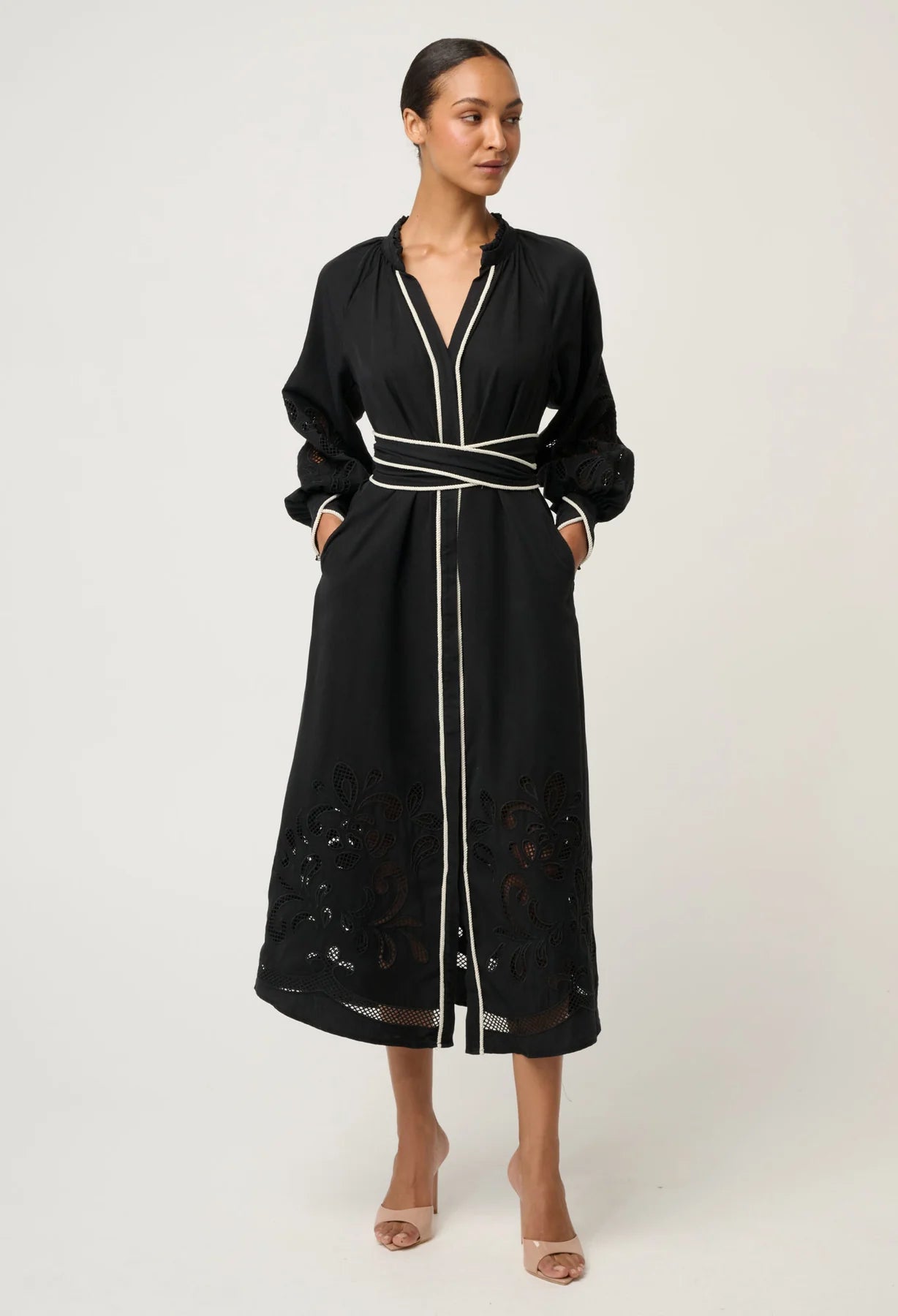 RHEA PLACEMENT EMBROIDERED MAXI DRESS BLACK