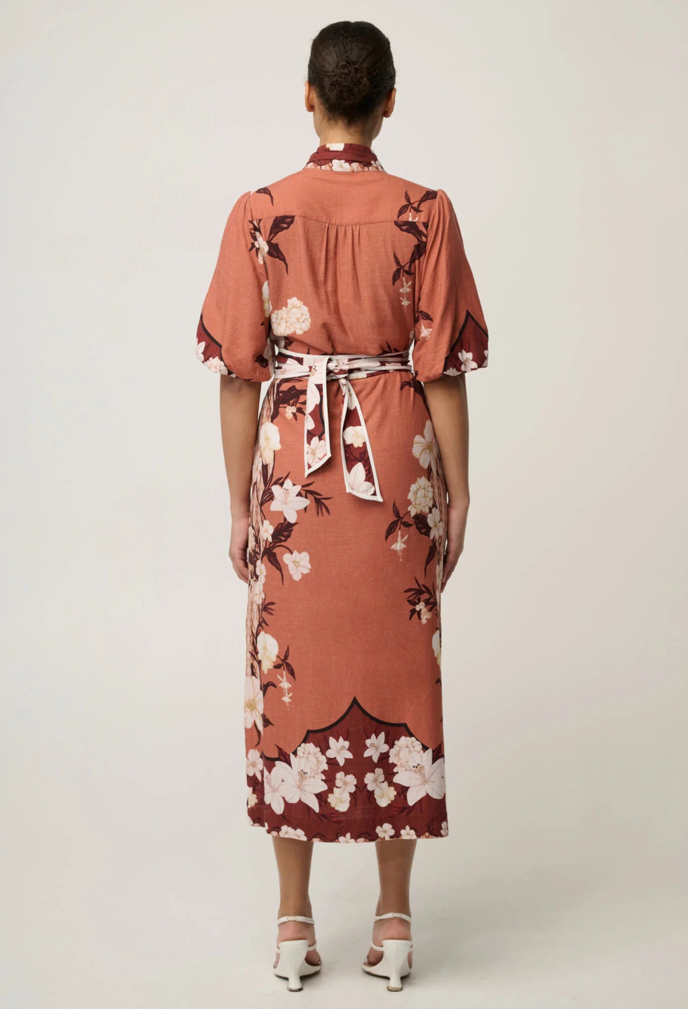 GISELA LINEN PRINTED COLUMN MIDI DRESS - AMBER VINE