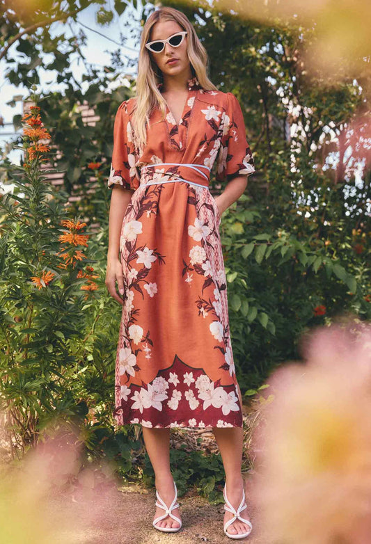 GISELA LINEN PRINTED COLUMN MIDI DRESS - AMBER VINE