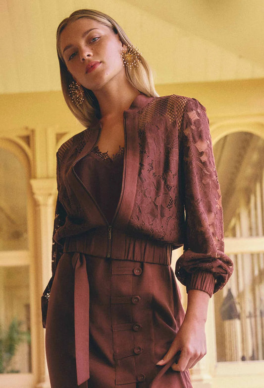 SOLENE COTTON BLEND PLACEMENT LACE BOMBER
