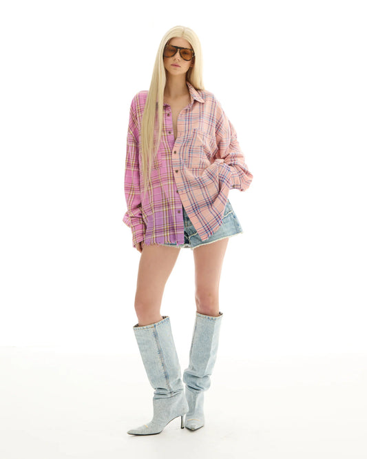 HALF AND HALF CHECK SHIRT - PINK